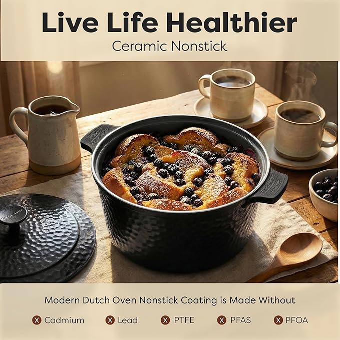 Gotham Steel Hammered 5 Qt Lightweight Dutch Oven Pot with Lid & Holders, Ceramic Non Toxic, Oven Safe & Even Heat Retaining Dutch Oven for Bread Baking Sourdough, Soup, 70% Lighter than Cast Iron - Image 3