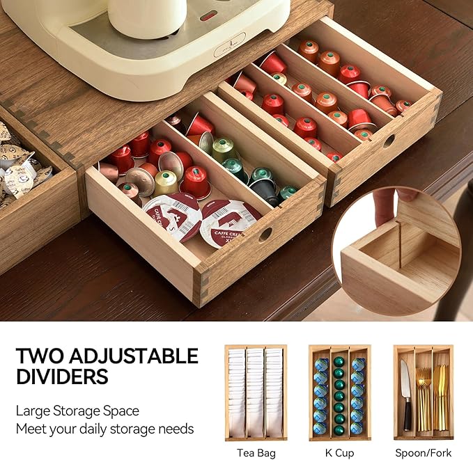 KIRIGEN Wooden Coffee Station Organizer 2-Piece Set - Coffee Bar Storage with Drawers for Sugar, Tea - Coffee Pod Holder and Accessories Organizer for Kitchen Counter Brown KFJTZ-DBR - Image 4