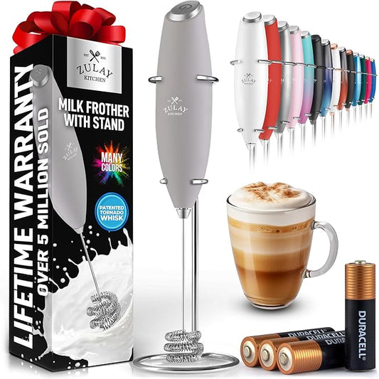 Zulay Kitchen Patented Tornado Triple Whisk Milk Frother with 4 Duracell Batteries – Handheld Foam Maker for Coffee, Lattes, Matcha & Hot Chocolate – Rich, Creamy Froth in Seconds - Steel Gray by ZulayKitchen