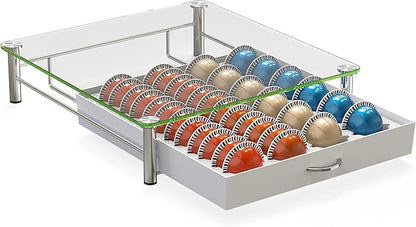 DecoBrothers Crystal Tempered Glass Vertuo Pod Holder Drawer, 24 Large or 48 Small Nespresso Capsule Organizer, White - Image 7