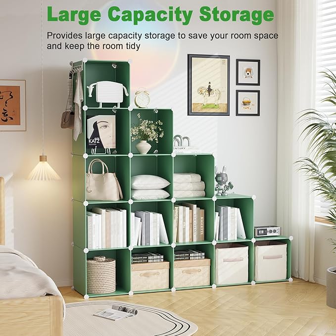 C&AHOME Cube Storage Organizer, 16-Cube Shelves Units, Plastic Storage Cubes, DIY Closet Organizer, Modular Closet Storage Shelves Ideal for Home, Bedroom, 48.4" L × 12.4" W × 48.4" H Green UPCS16GN - Image 3