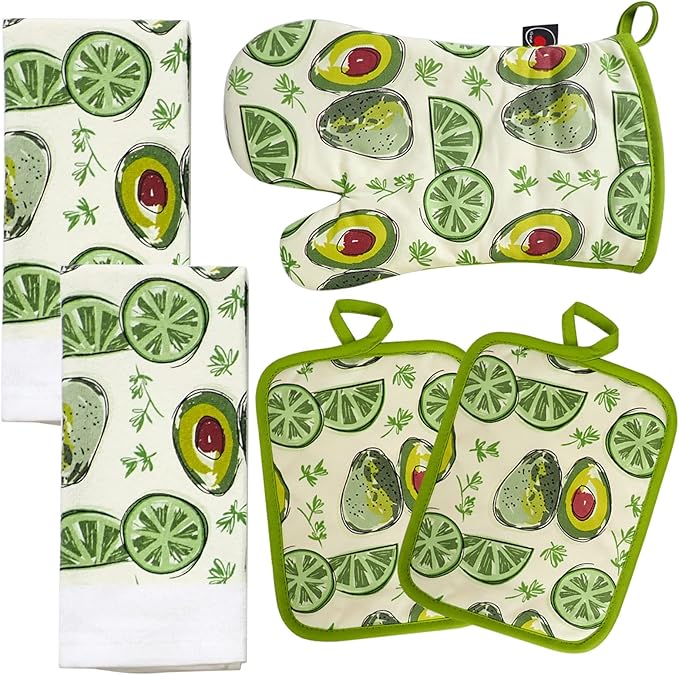 Oven Mitts and Potholders Dish Towles Set 100% Cotton for Perfect for Gifting, Baking and Everyday Cooking Durable Heat Resistant for Kitchen (5-Piece Lemon Avocado) by Firstall