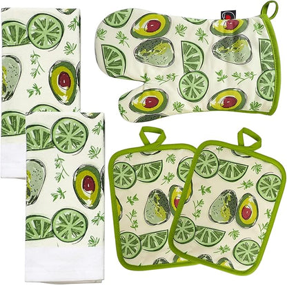 Oven Mitts and Potholders Dish Towles Set 100% Cotton for Perfect for Gifting, Baking and Everyday Cooking Durable Heat Resistant for Kitchen (5-Piece Lemon Avocado) by Firstall