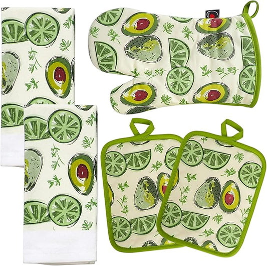 Oven Mitts and Potholders Dish Towles Set 100% Cotton for Perfect for Gifting, Baking and Everyday Cooking Durable Heat Resistant for Kitchen (5-Piece Lemon Avocado) by Firstall