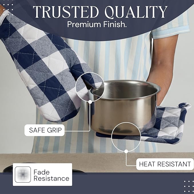 Oven Mitt & Pot Holder Buffalo Plaid Check 100% Cotton Heat Resistant Oven Gloves (7"x13") & Hot Pads (8"x8") Combo for Baking, Cooking - Navy