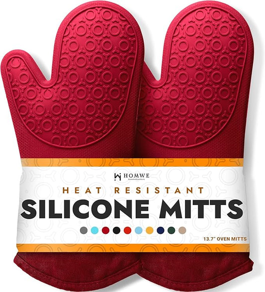 BPA-Free Silicone Oven Mitts Ultra Heat Resistant up to 500°F - Oven Mitts with Thick Cotton Liner - Long Slip Resistant Pot Holders, Flexible Oven Gloves - Empire Red 13.7 by HOMWE