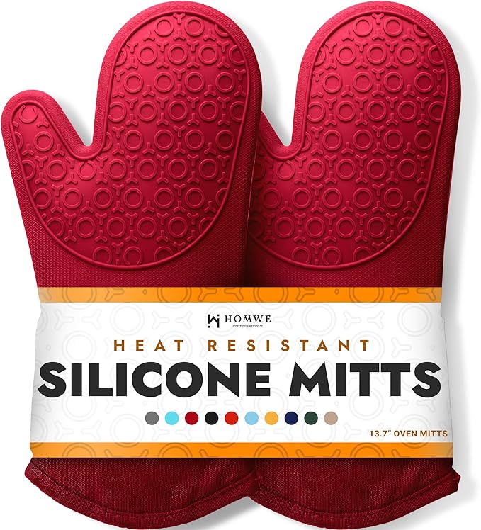 BPA-Free Silicone Oven Mitts Ultra Heat Resistant up to 500°F - Oven Mitts with Thick Cotton Liner - Long Slip Resistant Pot Holders, Flexible Oven Gloves - Canyon Red 13.7 by HOMWE