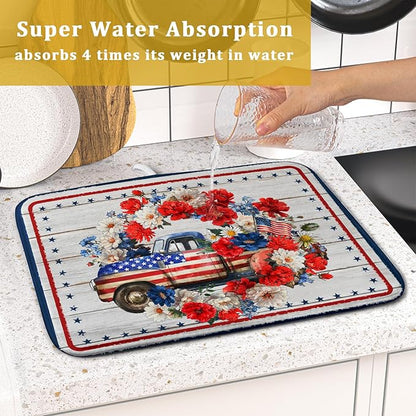 American Flag Dish Drainer Mat Flowers Absorbent Dish Rack Pad for Kitchen Coffee Bar Sinks - Image 7