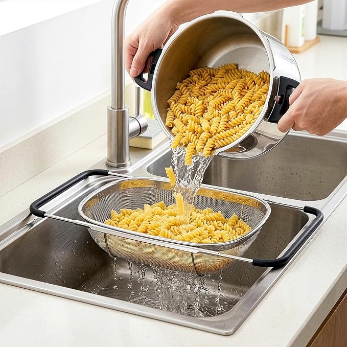 Suwimut 2 Pack Over the Sink Oval Colander for Kitchen, Stainless Steel Fine Mesh 6 Quart Strainer Basket with Expandable Rubber Grip Handles for Straining, Draining, Rinsing Fruits, Vegetables - Image 5