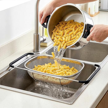 Suwimut 2 Pack Over the Sink Oval Colander for Kitchen, Stainless Steel Fine Mesh 6 Quart Strainer Basket with Expandable Rubber Grip Handles for Straining, Draining, Rinsing Fruits, Vegetables - Image 5