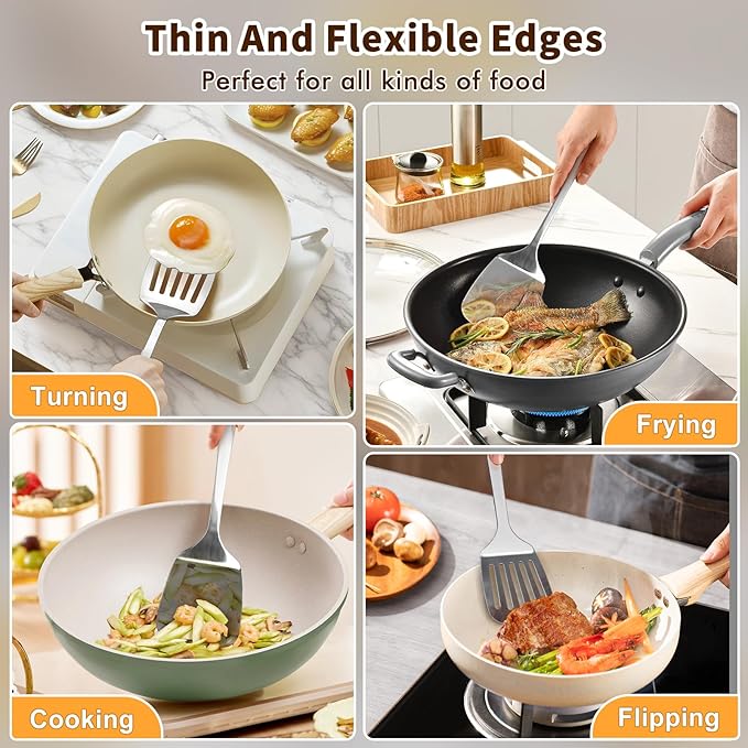 Stainless Steel Spatula, Metal Spatula Slotted Turner, Heavy Duty Sturdy Spatulas for Kitchen Use, High Heat Resistant Cooking Utensils for Fish Eggs Pancakes, Dishwasher Safe, Easy to Clean, Silver - Image 7