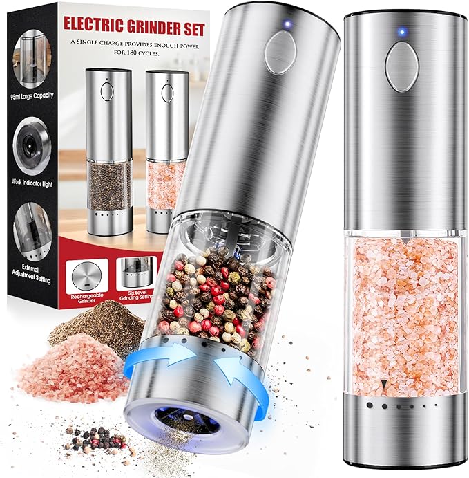 WOWBOX Electric Salt and Pepper Grinder Set 2 PCS, Stainless Steel Automatic Coarseness, Rechargeable Salt and Pepper Shakers, 95 L Large Capacity Multifunctional Pepper Mill, for Kitchen by WOWBOX