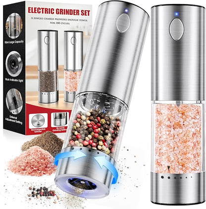 WOWBOX Electric Salt and Pepper Grinder Set 2 PCS, Stainless Steel Automatic Coarseness, Rechargeable Salt and Pepper Shakers, 95 L Large Capacity Multifunctional Pepper Mill, for Kitchen by WOWBOX
