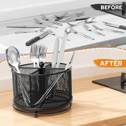 2 Pack 360° Rotating Metal Utensil Caddy - 4 Compartment Silverware Cutlery Holder, Effortless Access Fork Spoon, Silverware Holder for Party Countertop Buffet Picnic Camping Outdoor