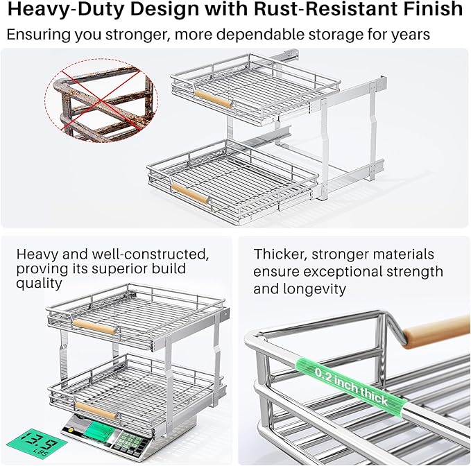 Pull out Cabinet Organizer, 2 Tiers 15"W X 21"D, Heavy Duty Smooth Sliding Under Cabinet Shelves for Pots and Pans, Full-Extension Roll out Drawers, Slide out Organization for Home Kitchen Pantry - Image 9