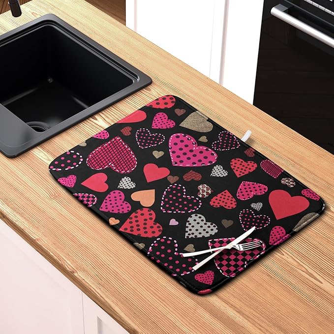 Valentine's Day Kitchen Drying Mats for Dishes 16x18 Inch Love Heart Dish Drying Mat Black Pink Polka Dots Dish Drainer Mat Super Absorbent Dish Rack Pad for Coffee Bar Sinks - Image 6