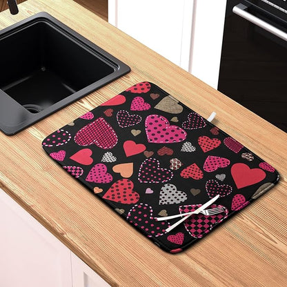 Valentine's Day Kitchen Drying Mats for Dishes 16x18 Inch Love Heart Dish Drying Mat Black Pink Polka Dots Dish Drainer Mat Super Absorbent Dish Rack Pad for Coffee Bar Sinks - Image 6