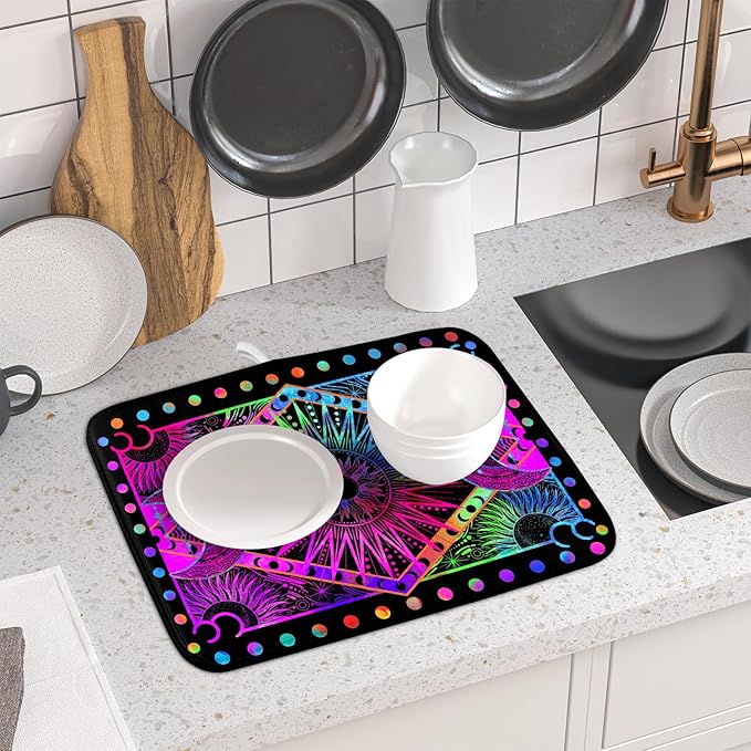 Purple Absorbent Dish Drying Mat Sun and Moon Microfiber Drying Pad for Kitchen Counter Decor Small - Image 6