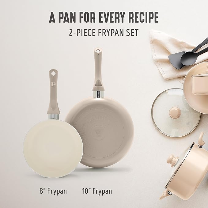 GreenLife 2-Piece Nonstick Frying Pan Set, 8” & 10” Skillets, Non-Toxic Ceramic Cookware, Dishwasher Safe, Stay-Cool Handles, Induction Ready, Fast Heating, Omelet Pan, PFAS Free, Beige Taupe