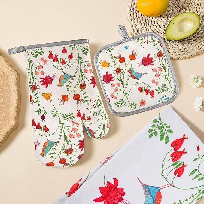 3 Pcs Kitchen Stuff, Kitchen Oven Mitts and Pot Holders Sets with Microfiber Wild Floral Kitchen Towels,Kitchen Accessories,Gifts for Women