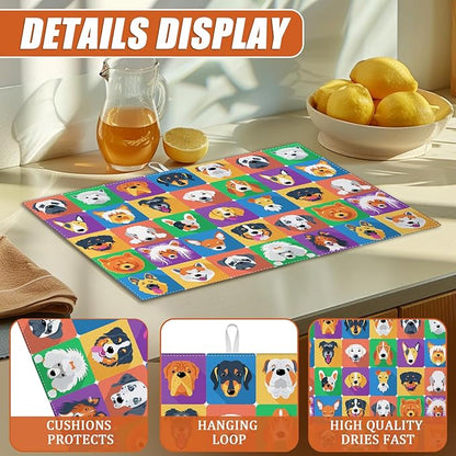 Cute Dogs Dish Drying Mat for Kitchen Counter Microfiber Absorbent Dish Kitchen Drying Mat Draining Reusable Washable for Dishes/Utensils/Counterto