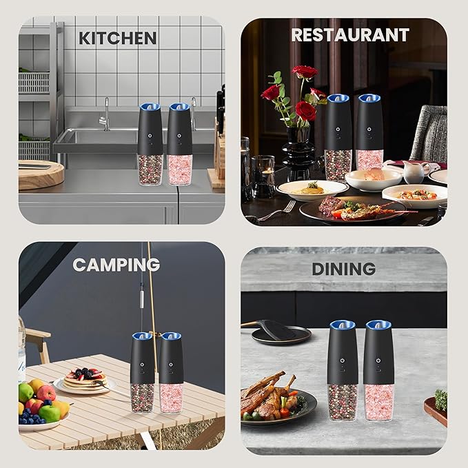 Rechargeable Salt And Pepper Grinder Set with LED Light, Automatic Electric Gravity Salt And Pepper Shakers Set, No Battery Needed, Adjustable Roughness, 2 Pack (Black) - Image 7