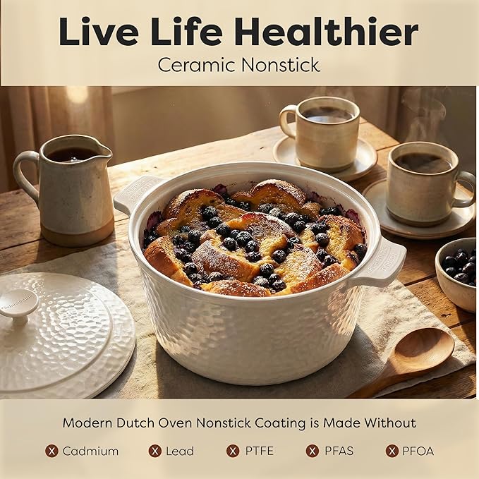 Gotham Steel Hammered 5 Qt Lightweight Dutch Oven Pot with Lid & Holders, Ceramic Non Toxic, Oven Safe & Even Heat Retaining Dutch Oven for Bread Baking Sourdough, Soup, 70% Lighter than Cast Iron - Image 3