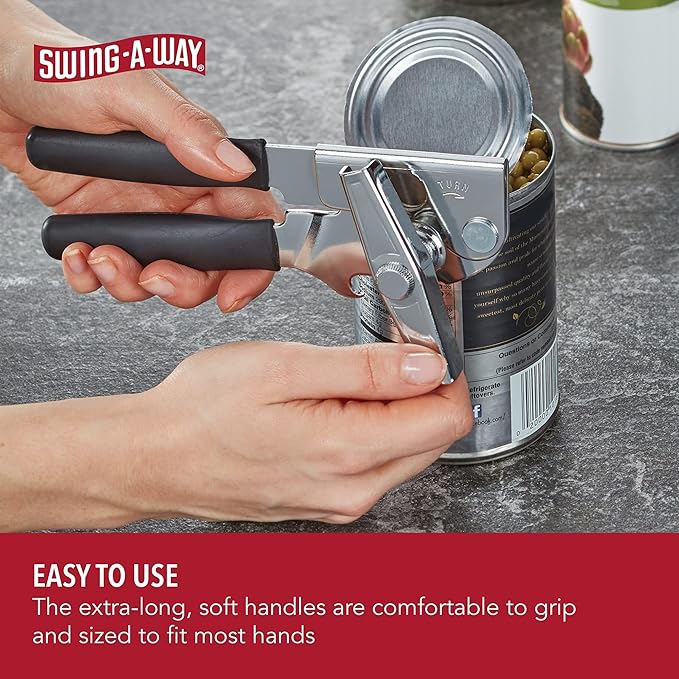 Swing-A-Way 8.6" Portable Can Opener with Sharp Blade, Manual Handheld, 2-in-1 Can & Bottle Opener, Made of Steel, Easy Turn Knob, Kitchen Essential for Cans, Bottles & Jars - 2-Pack (White & Black) - Image 6