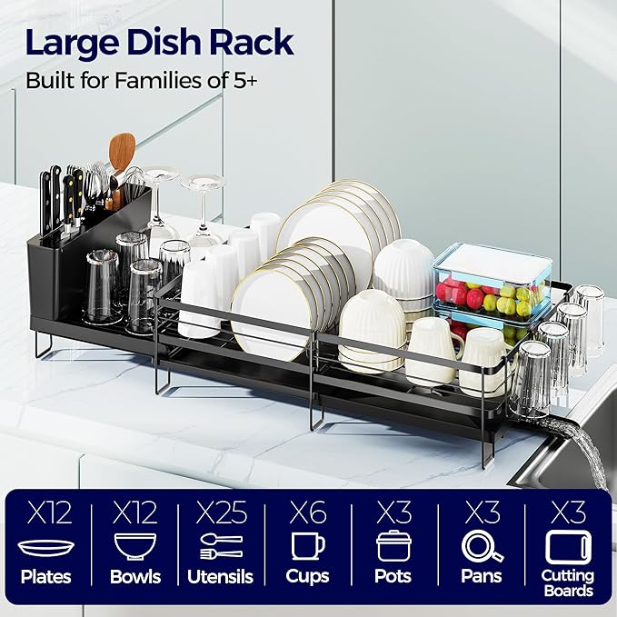 Large Dish Drying Rack, Expandable Dish Rack for Kitchen Counter, Dish Drainer with Drainboard Set, Multifunctional Dishrack with Utensil & Cup Holder, 13.4"-28.7" L x 11.8" W x 7.8" H, Black - Image 3