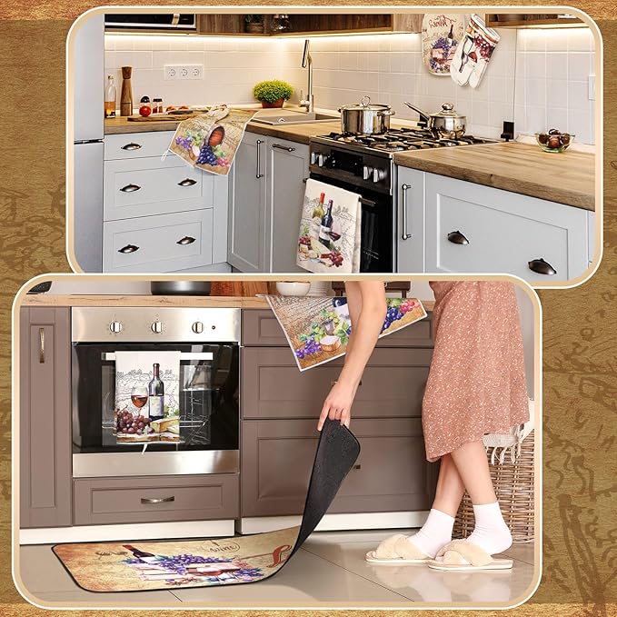 Fourluoo 10 Pcs Wine Kitchen Dish Towels Rugs Oven Mitts and Pot Holders Set Farmhouse Kitchen Decor Set for Women Mom Daughter Gift Cooking Baking Grilling (Rustic Color)