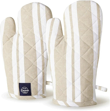 Encasa XO Long 12"x7" Oven Microwave Hand Gloves Mitts (2 pc Set) for Kitchen Cooking & Baking - Heat Resistant, Thick & Safe, Protection of Hands from Hot Utensils - Franca Beige Stripes