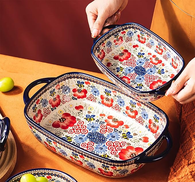 Vintage Flowers Style Ceramic Bakeware Casserole Dish Baking Pan Lasagna Pans Baking Dish with Handles for Oven/Cooking/Kitchen-1 PCS-Red Flowers-60 OZ - Image 3