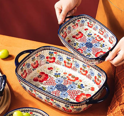 Vintage Flowers Style Ceramic Bakeware Casserole Dish Baking Pan Lasagna Pans Baking Dish with Handles for Oven/Cooking/Kitchen-1 PCS-Red Flowers-60 OZ - Image 3