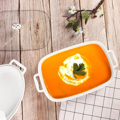 10" x 7" Ceramic Casserole Dish with Glass Lid, 1.3 QT Serving Soup Tureen,Chafing Dish for Buffet, Family Food preserve Tray, Catering Casserole for Party Style