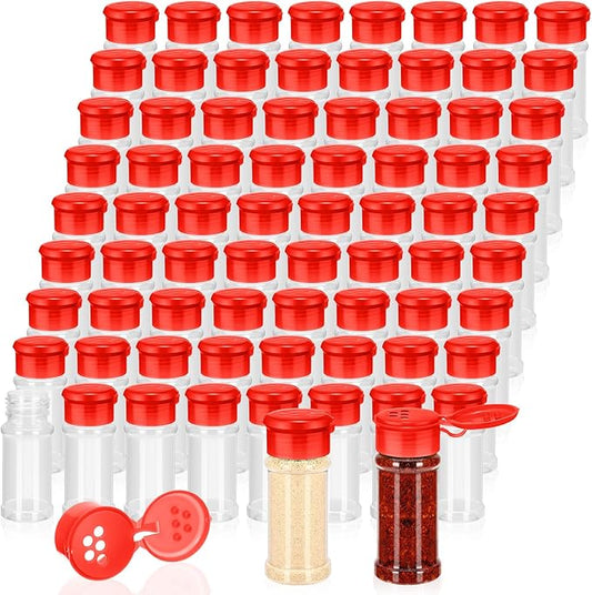 Amyhill 100 Pcs Plastic Spice Bottles Spice Jars with Cap Seasoning Jars Shaker 2 Oz/ 60ml Clear Bottle Containers with Shaker Lids for Storing Herbs and Seasoning Powders (Red)