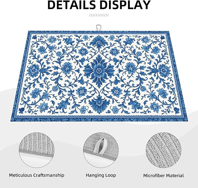 Blue and White Pattern Dish Drying Mats for Kitchen Counter, Large 18"x24" Dish Mats for Drying Dishes, Microfiber Absorbent Dish Drying Pad Rack Mat Kitchen Decor Reusable Washable