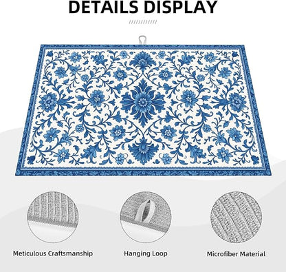 Blue and White Pattern Dish Drying Mats for Kitchen Counter, Large 18"x24" Dish Mats for Drying Dishes, Microfiber Absorbent Dish Drying Pad Rack Mat Kitchen Decor Reusable Washable