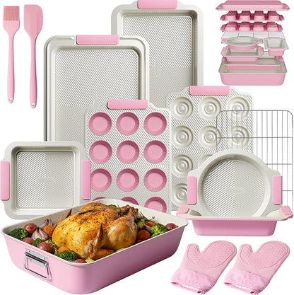 Kikcoin 25 PCS Stackable Baking Pans Set, Non-stick Bakeware Sets with Silicone Handles, 450°F Oven Safe Cookie Sheets for Baking, Easy Release Heavy-duty Baking Sheets Non Stick, Pink by Kikcoin
