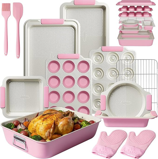 Kikcoin 25 PCS Stackable Baking Pans Set, Non-stick Bakeware Sets with Silicone Handles, 450°F Oven Safe Cookie Sheets for Baking, Easy Release Heavy-duty Baking Sheets Non Stick, Pink by Kikcoin