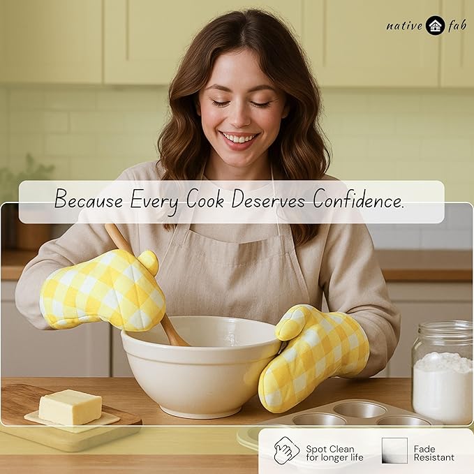 Native Fab Buffalo Plaid Check Oven Mitts and Pot Holders Set of 4, 100% Cotton Heat Resistant Kitchen Gloves, 2 Oven Mitts (7x13), 2 Pot Holders (8x8) for Cooking & Baking, Lemon Yellow White - Image 4