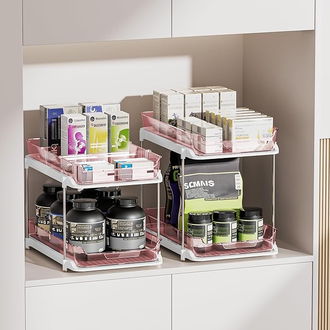 Delamu 2-Tier Multi-Purpose Bathroom Under Sink Organizers and Storage, Stackable Kitchen Pantry Organization, Pull Out Medicine Cabinet Organizer with Movable Dividers, Light Pink, 2 Pack - Image 6