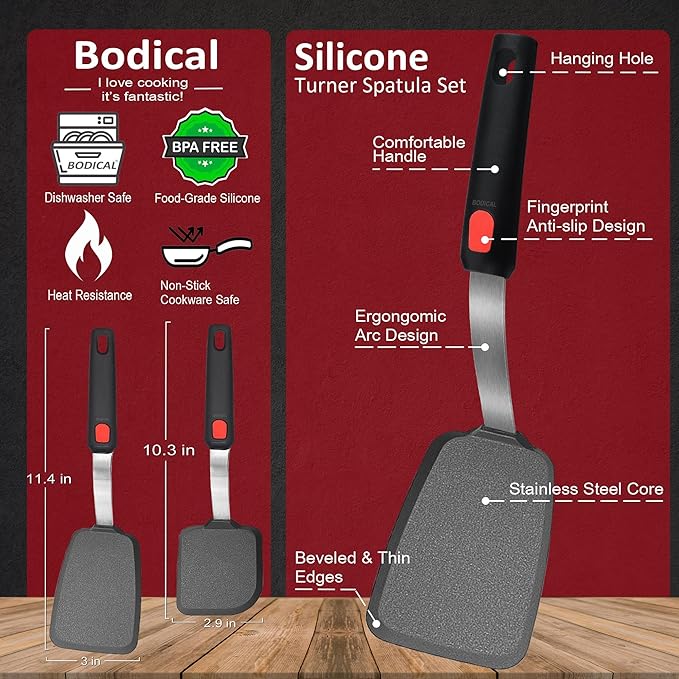 2 Pack Silicone Spatula Turner, 600°F Heat Resistant Kitchen Spatula Set for Nonstick Cookware, Cooking Utensil Set for Egg Pancake Flipper/Heat Resistant Silicone Grip - Image 2