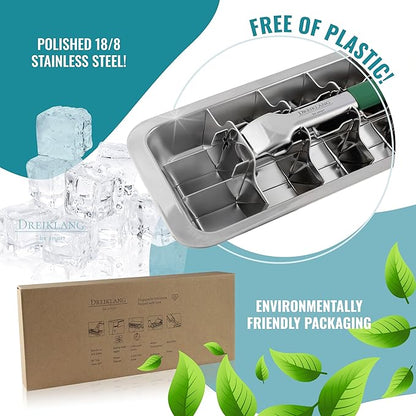Stainless Steel Polished Ice Cube Tray for freezer with Lever Insert for Easy Release with cold-insulated comfort grip | Food-Safe & Durable Ice Cube Maker | Plastic-Free Large