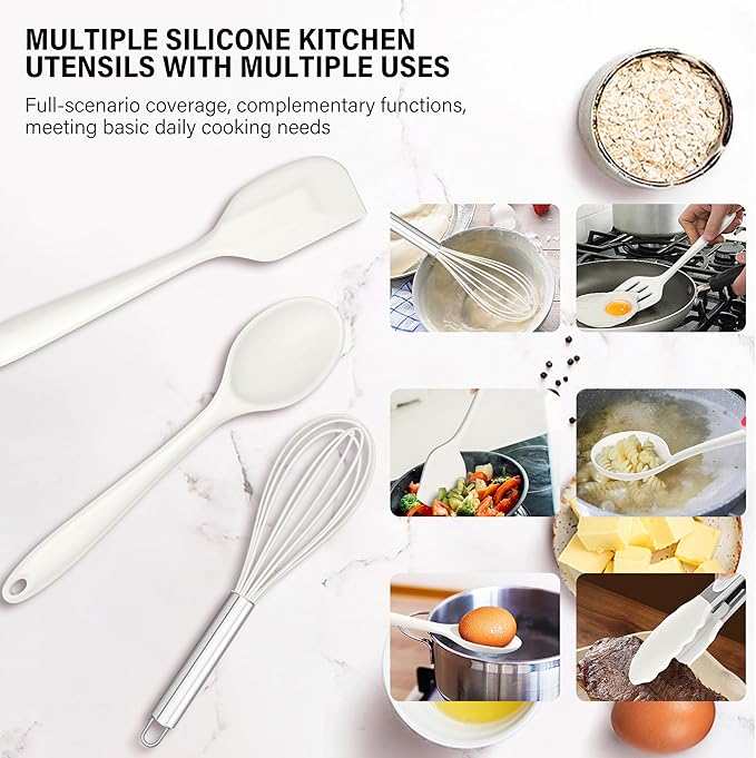 HaWare 11 PCS Silicone Cooking Utensils Set, Heat Resistant Kitchen Utensils with Holder, Food-grade Spatula Sets for Nonstick Cookware, Kitchen Tools Gadgets Include Fish Turner, Spoon (White) - Image 6