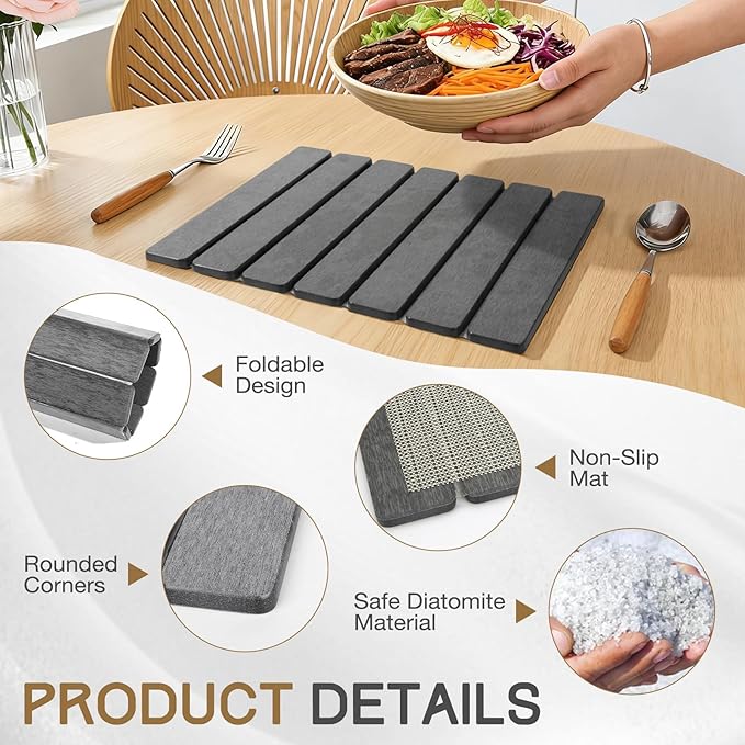 Stone Drying Mat, HQAUT Quick Dry Dish Drying Mat for Counter, Foldable Diatomaceous Earth Mat with Sanding Tool and Anti-Slip Pad, Fast Drying Stone Pad for Dishes and Glassware