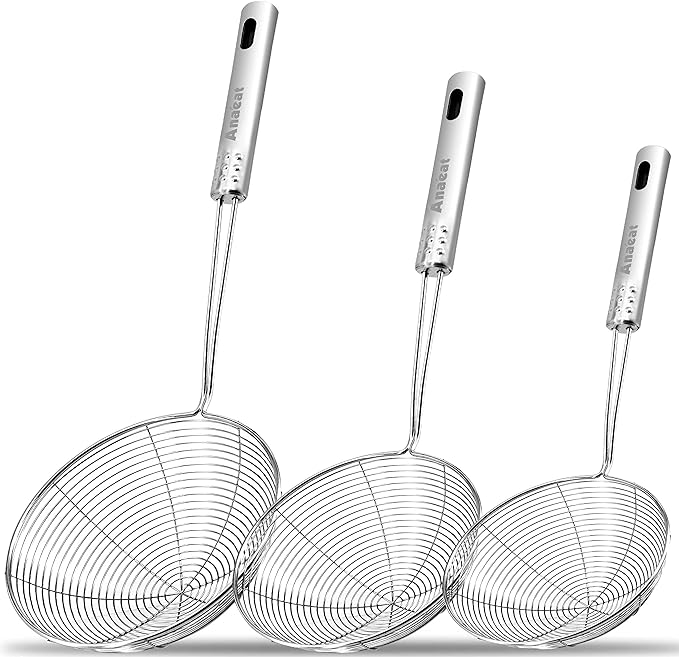 Anaeat Stainless Steel Spider Skimmer, Set of 3 Professional Kitchen Pasta Strainer Spoon with Long Handle - Asian Strainer Ladle Wire Skimmer Spoons for Cooking and Frying (4.5"+5.3"+6.1")