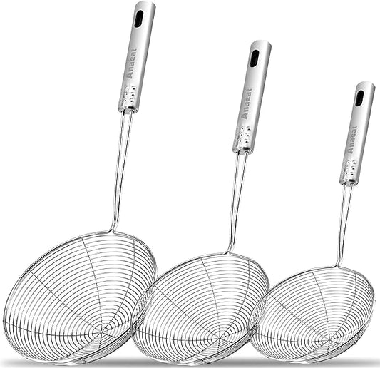 Anaeat Stainless Steel Spider Skimmer, Set of 3 Professional Kitchen Pasta Strainer Spoon with Long Handle - Asian Strainer Ladle Wire Skimmer Spoons for Cooking and Frying (4.5"+5.3"+6.1")