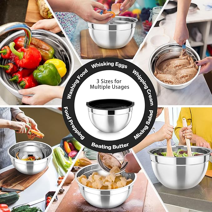 P&P CHEF Black Mixing Bowls with Lids, Set of 3, Stainless Steel Salad Nesting Bowl for Mixing, Storing, Prepping, Airtight & Stackable, Size 4.6/3 /1.5 QT - Image 6