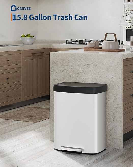 Garvee 16 gal / 60 L Metal Trash Can with Lid, Large Garbage Can for Kitchen, Rustproof Step-on Kitchen Metal Trash Bin with Liner Rim, Rear Handle, Soft Close Plastic Lid, White - Image 6