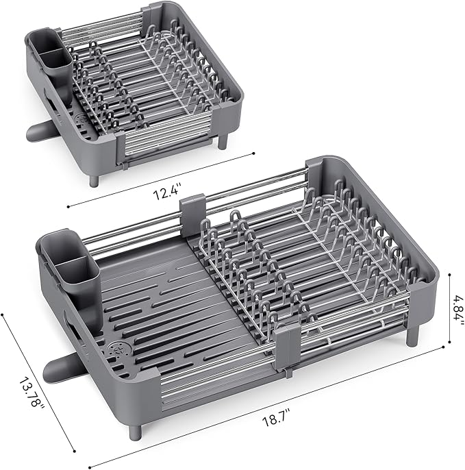 Urackify Stainless Steel Dish Drying Rack - Dish Drainer for Kitchen Counter, Extendable Drainboard with Foldable, Space-Saving Cup & Bowl Organizer, Includes Knife and Utensil Holder, Gray - Image 6